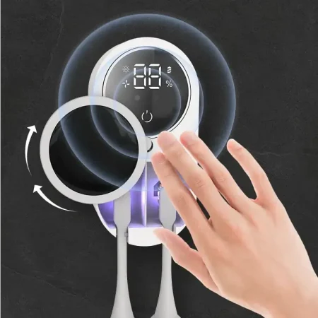 Automatic opening toothbrush sanitizer holder with compact wall-mounted design